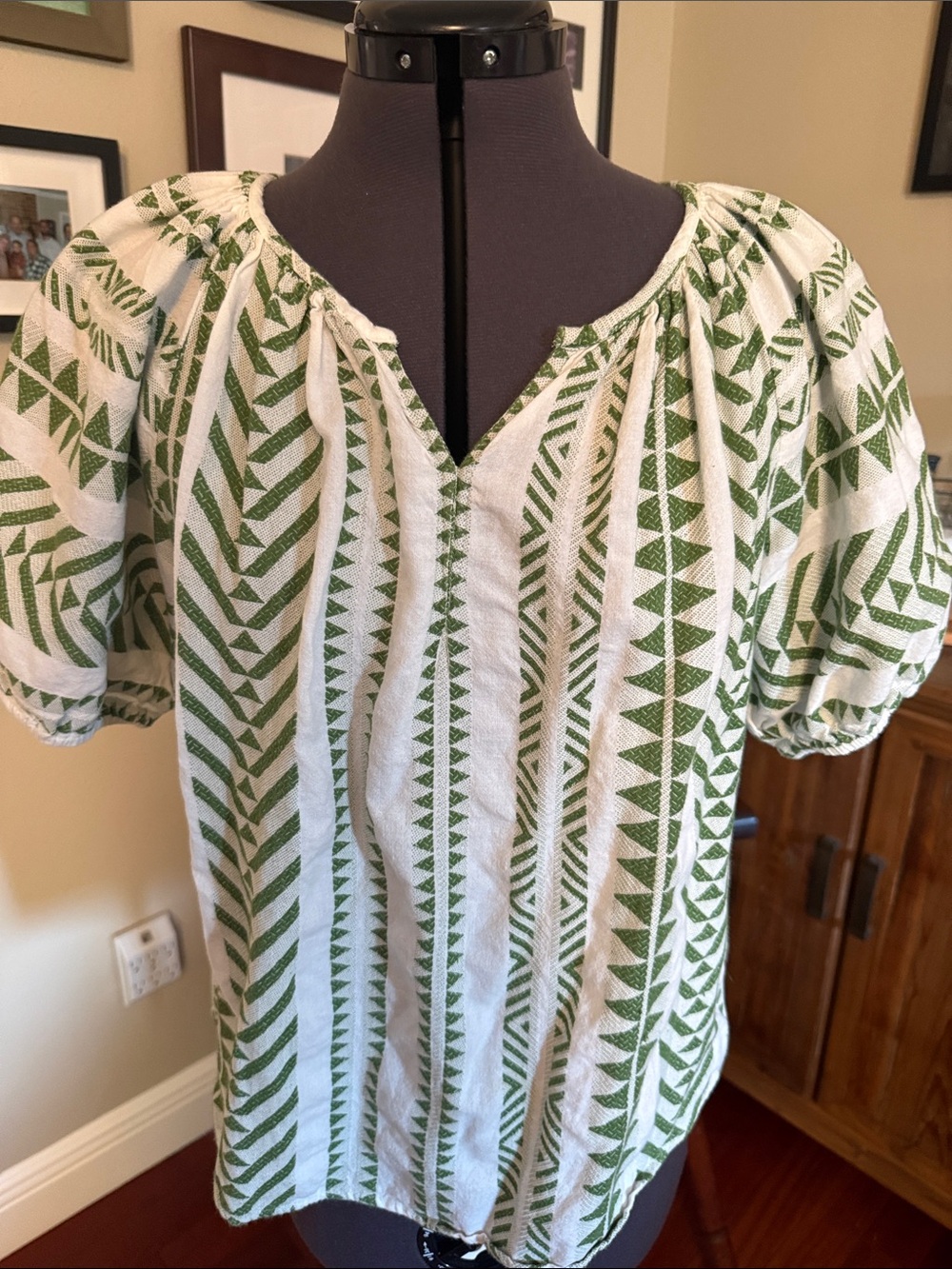 Velvet by Graham & Spencer White Blouse with Green Geometric Print